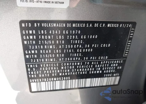 2024 Volkswagen Taos 1.5T Se из США, поврежденный, VIN 3VVEX7B20RM052605